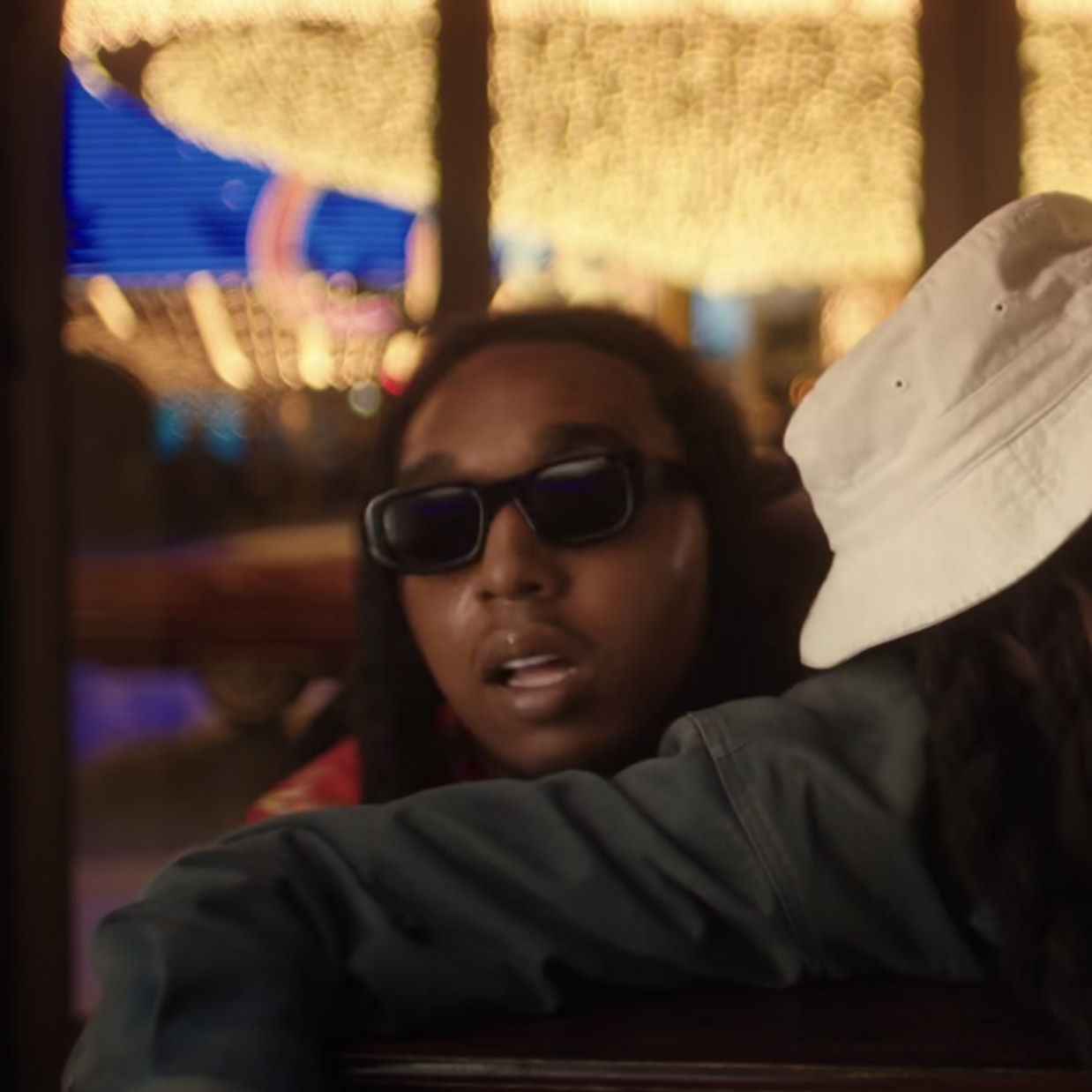 White sunglasses worn by Takeoff in HOTEL LOBBY by Quavo & Takeoff